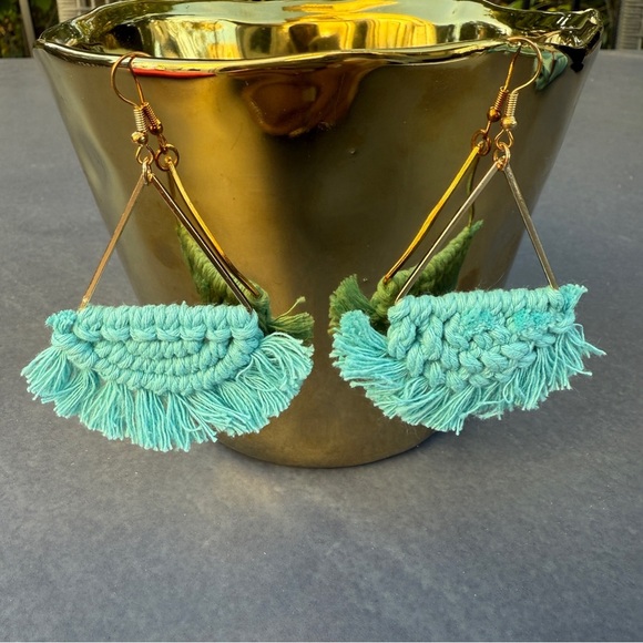 Macrame Crochet Blue Fringe Earrings - Picture 8 of 8